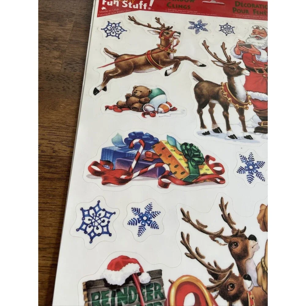 3 Vintage Christmas Vinyl Window Clings Santa Face Reindeer Sleigh Presents CUTE